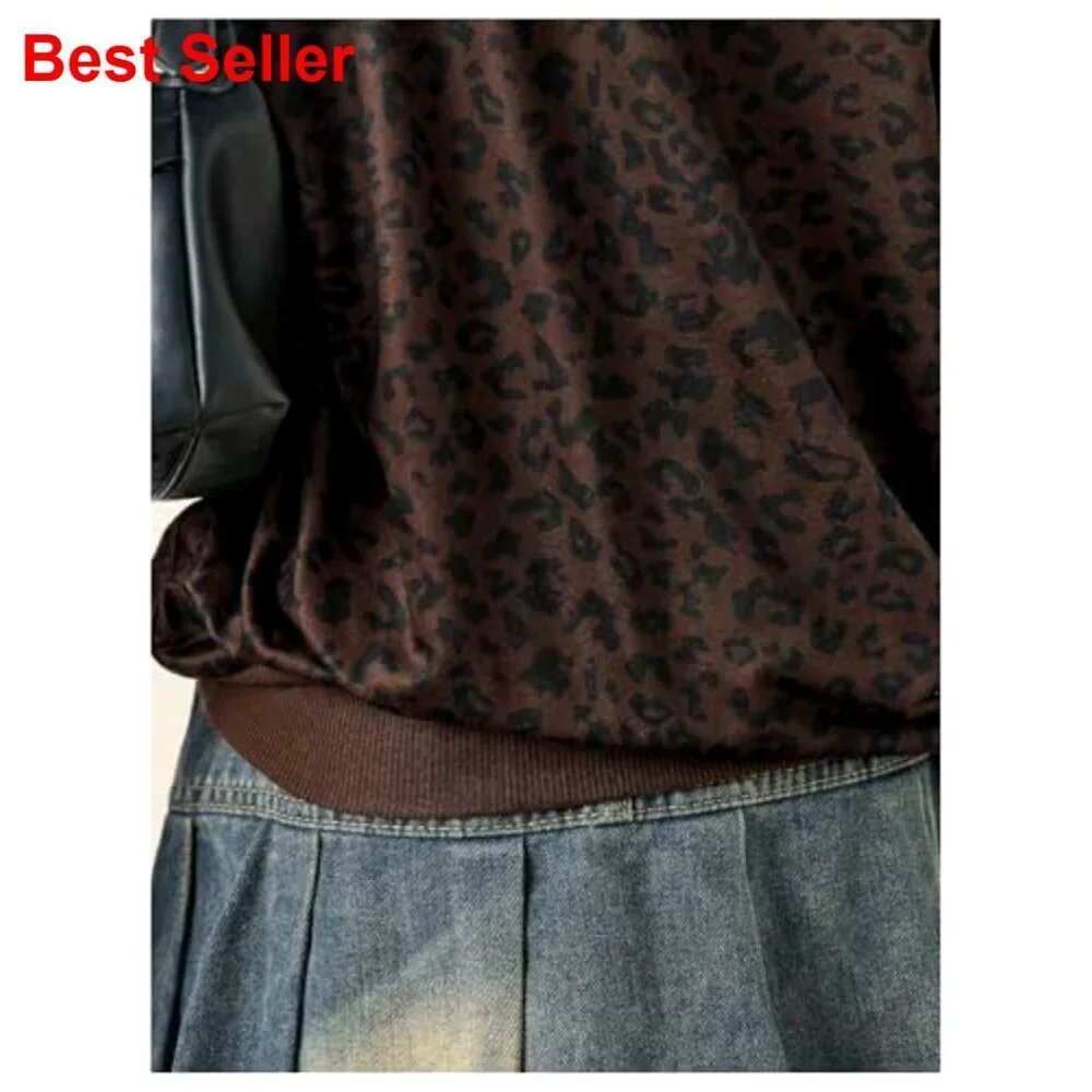 Off Shoulder Leopard Print Sweatshirt, Loose Fit Pullover, Streetwear Casual